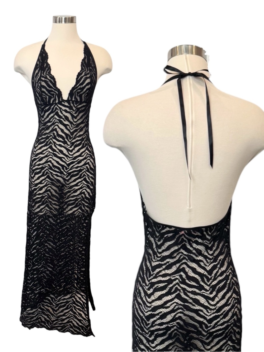 Y2K Victoria’s Secret Black Zebra Stretch Lace Vintage Maxi Gown Slip Dress S